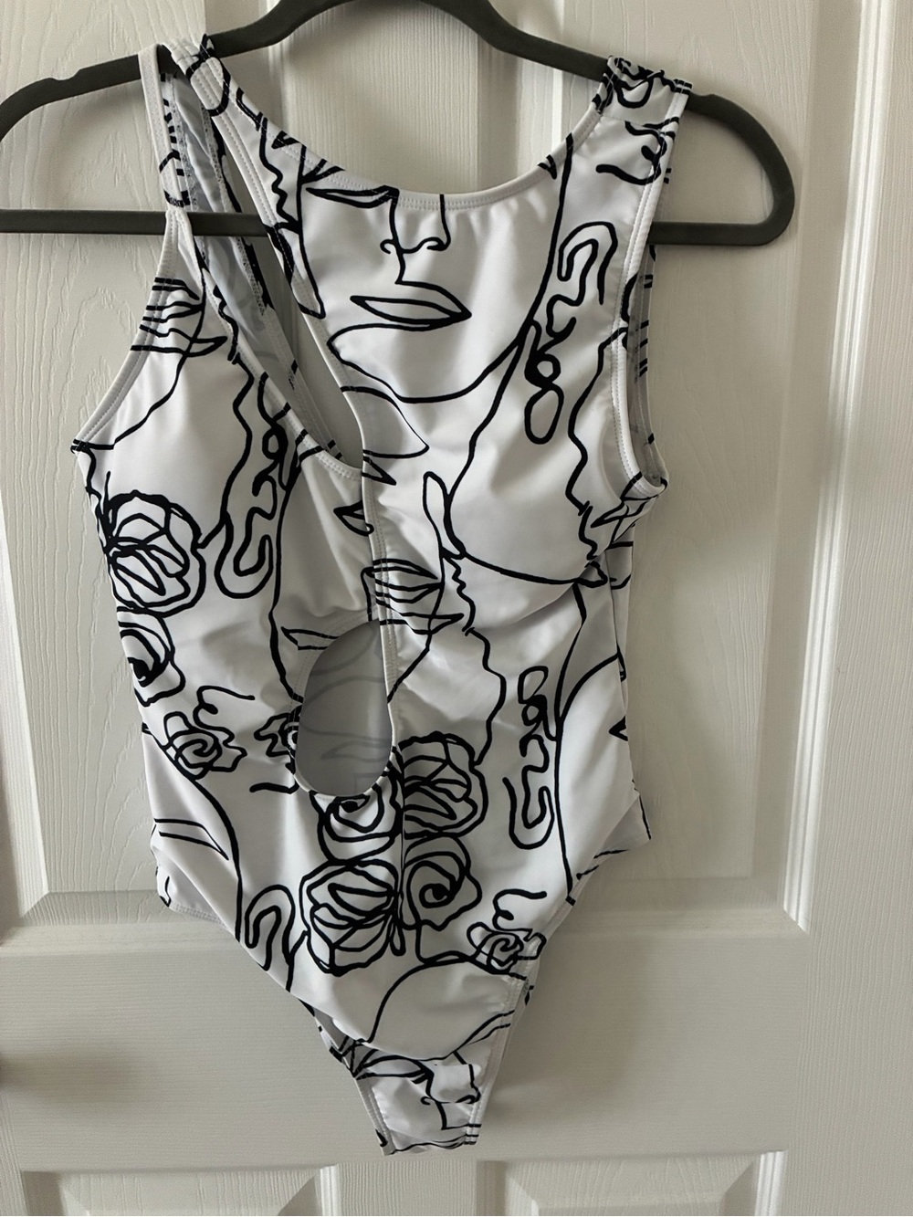 SHEIN White One-Piece Swimsuit with Black Abstract Line Art